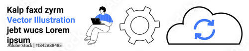 Person using laptop, gear symbolizing process optimization, cloud with sync icon. Ideal for technology, workflow, automation, SaaS, teamwork, cloud computing simple landing page