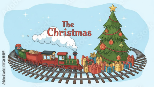 Holiday Express: A festive holiday scene unfolds as a cheerful train steams its way past a beautifully adorned tree and stacks of wrapped gifts, evoking feelings of joy and anticipation.