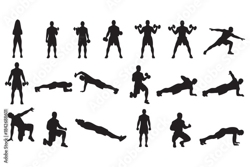 Fitness Silhouette Bundle Male & Female Workout Gym Yoga Exercise Vector Set