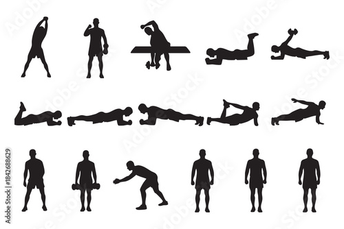 Fitness Silhouette Bundle Male & Female Workout Gym Yoga Exercise Vector Set