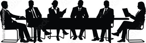 Silhouette of business professionals sitting at conference table reading documents during corporate meeting, teamwork, discussion and office collaboration