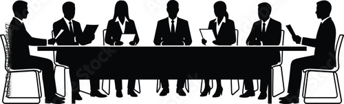 Silhouette of business team sitting at conference table reviewing documents during meeting, corporate discussion, teamwork, professional communication.eps
