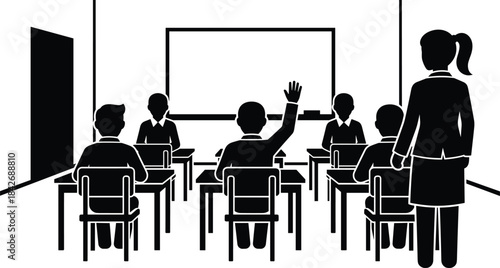 Silhouette students sitting in classroom with teacher, learning environment, education scene, child raising hand, school instruction and academic teaching moment