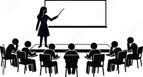 Silhouette teacher presenting lesson to students in classroom, education training, learning environment, academic instruction, school teaching and study scene