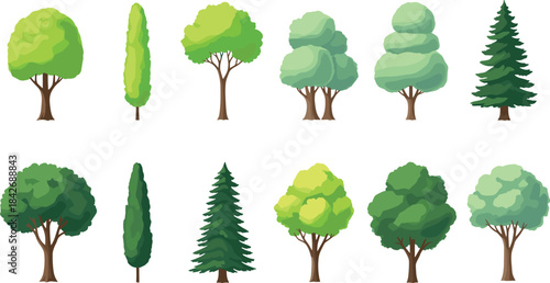 Set of twelve unique stylized green tree vectors including deciduous and evergreen varieties like pine, cypress, and maple, perfect graphic collection for nature, park, and landscape design elements