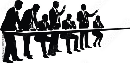 Silhouetted business professionals engaged in intense discussion around long table during corporate meeting, strategy debate, decision making, and teamwork collaboration