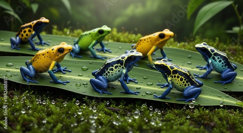 Colorful Poison Dart Frogs on Leaf.