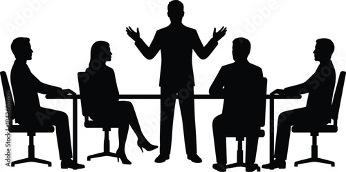 Silhouetted business leader presenting to team seated around meeting table during corporate discussion, strategy planning, communication session, and teamwork collaboration