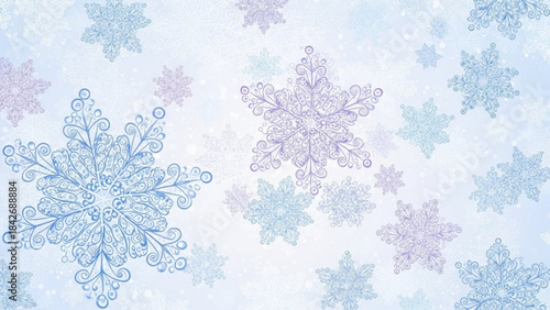 Delicate Snowflake Patterns: An abstract design showcases an array of ornate snowflakes, each with its unique pattern and hue, creating a whimsical and atmospheric effect.
