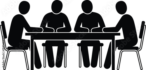 Silhouetted group of four people sitting around table engaged in meeting, discussion, teamwork collaboration, planning session, and communication activity