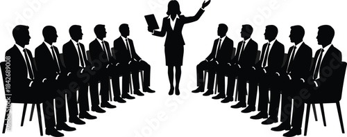 Silhouetted female presenter addressing rows of business professionals during corporate meeting, leadership briefing, strategy presentation, communication session, and teamwork discussion