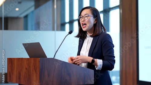 confident asian businesswoman giving a speech at a corporate conference with a laptop on podium