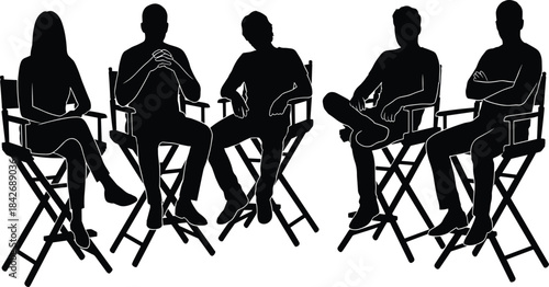 Silhouetted group of people seated on high director chairs having panel discussion, creative meeting, collaborative conversation, and professional communication