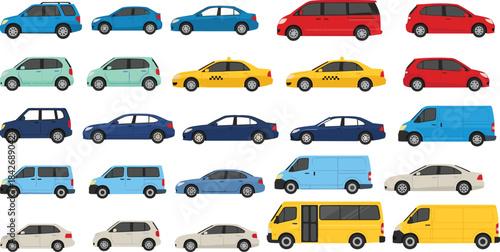 Set of various cars, including sedan, SUV, van, and taxi, flat vector illustration, side view of different transport vehicles, isolated collection.