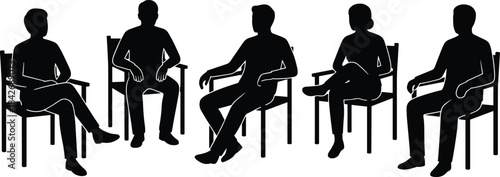 Silhouetted group of people seated in chairs having conversation during community meeting, support session, teamwork discussion, and collaborative communication