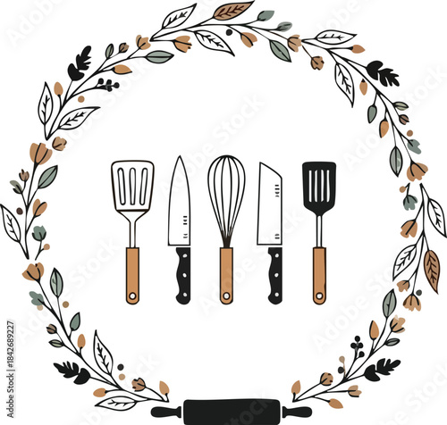 Kitchen Utensils and Rolling Pin in Decorative Wreath Illustration