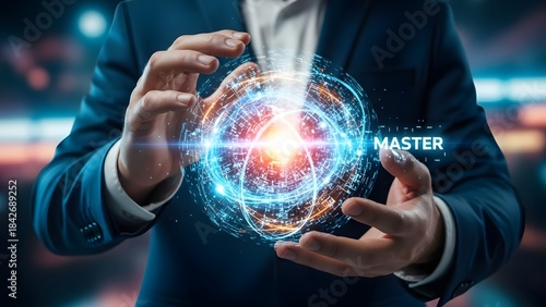 A person holding a glowing futuristic orb with the word master displayed