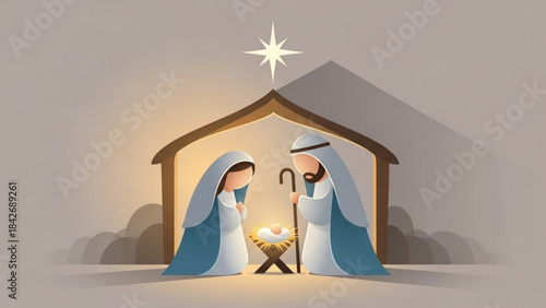 Sacred Scene: Depicting the holy family of the Jesus birth with Mary and Joseph, centered beneath a radiant star, embodies the spirit of peace and faith in this illustration.