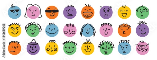 funny comic faces round abstract various emotions set. crayon drawing different colorful characters. cartoon flat design.