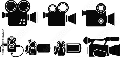 Set of video camera icons, cinema film recorder, digital camcorder, action cam, movie production equipment, media broadcasting symbol, black flat vector illustration