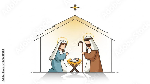 Nativity Scene: A depiction of the nativity scene with Mary, Joseph, and the infant Jesus in a stable, with a guiding star above. Capturing the essence of faith, hope, and the birth of Christ.