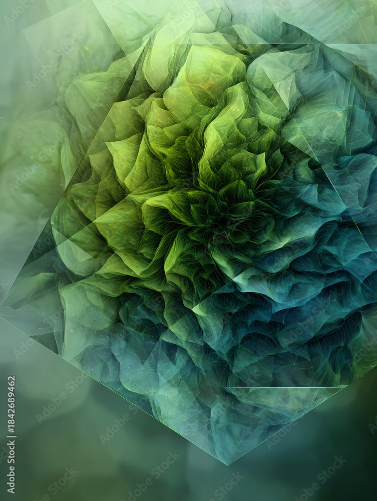 Obraz premium Abstract Green Hexagonal Bloom: Fractal Layers, Soft Gradient, and Geometric Depth