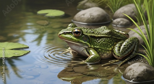 Green Frog Resting by Pond Water.