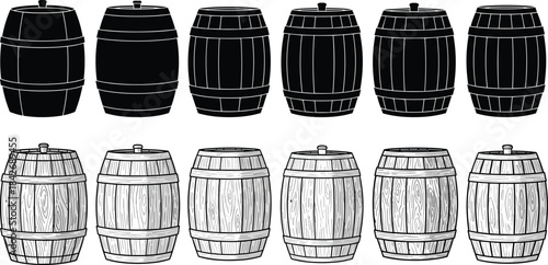 Set of Vintage Wooden Barrel Silhouettes and Engraved Illustrations, Featuring Different Styles, Staves, and Metal Hoops, Representing Alcohol Storage, Brewery, Wine, and Whiskey Casks.