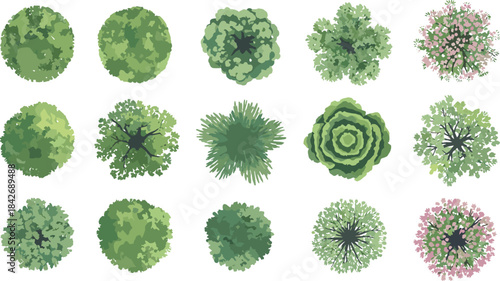 Set of Various Tree Top Views and Shrubs for Architectural Plan Drawing, Featuring Different Green Leaves and Floral Canopies, Representing Landscape Design and CAD Elements.