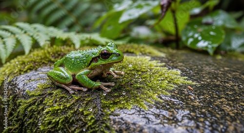 Green Frog Resting on Mossy Rock.