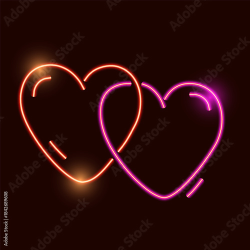 Vibrant neon intertwined hearts: glowing romantic symbol on dark background.