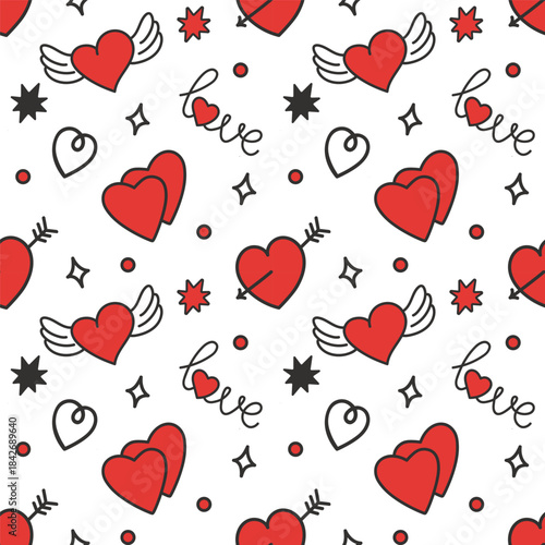 Seamless love pattern with hearts, arrows, and stars on white background.