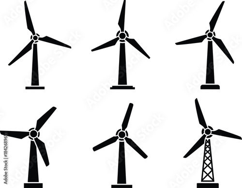 Set of wind turbine silhouettes representing renewable energy, wind power generation, sustainability, eco-friendly technology, green electricity, and clean environmental solutions