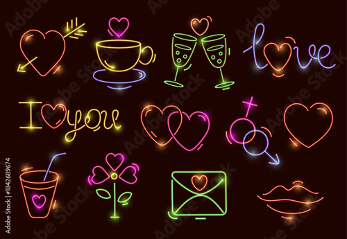 Vibrant neon love symbols collection with hearts, arrows, and romantic elements.