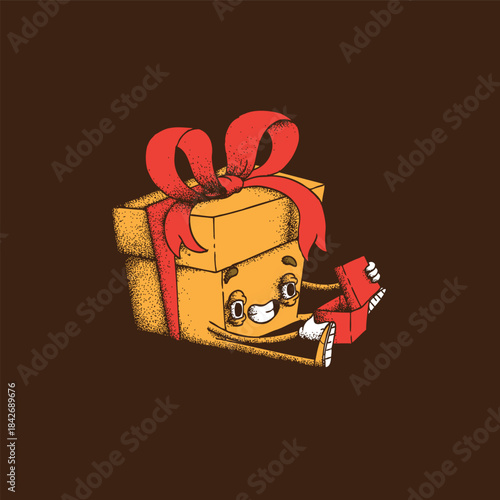 Hand drawn dot work vector illustration. Cute cartoon character. Animated gift box with red satin bow opens small gift box on brown background. Concept of New Year, Christmas, birthday, winter holiday