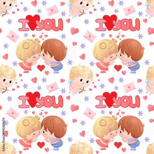Cute valentine's pattern with cartoon characters and heart motifs.