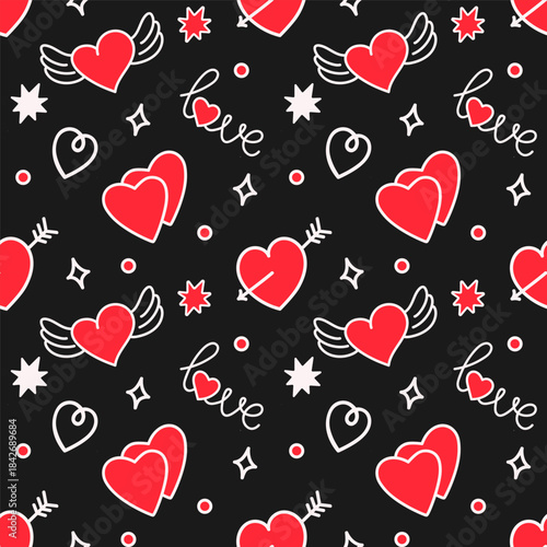 Seamless romantic pattern with hearts and arrows on black background.