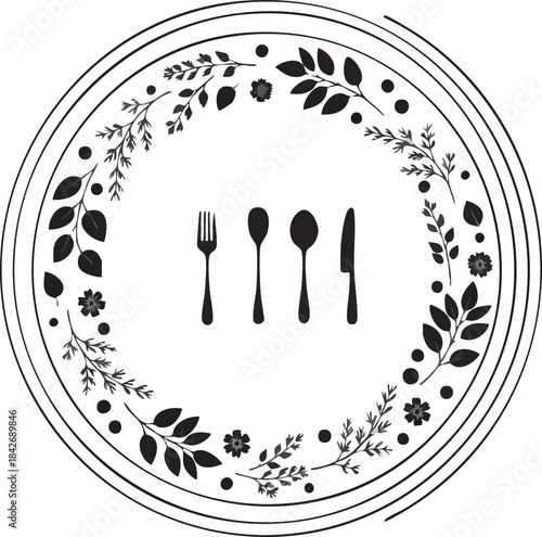 Fork, Spoon, and Knife Surrounded by Floral Wreath in a Restaurant Menu or Culinary Design