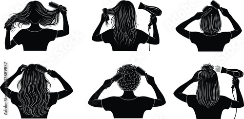 Set of women silhouettes brushing and drying hair with comb and hairdryer back view isolated on white background for beauty salon vector.