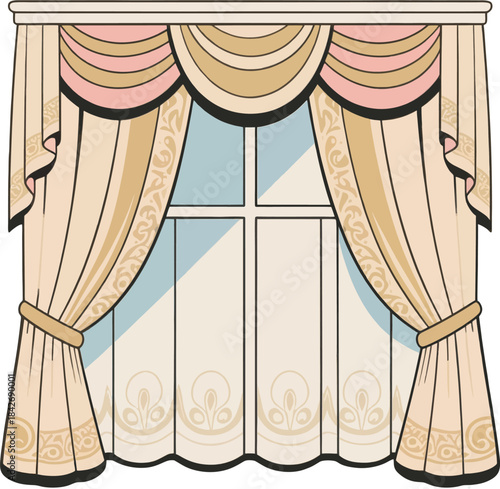 Vintage pastel window with layered curtains and scalloped valance, flat vector illustration of classic home decor