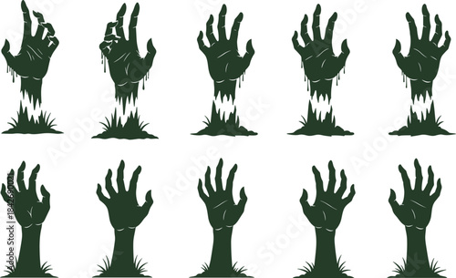 Set of zombie hands rising from the grave, scary undead monster arm silhouettes coming out of the ground, Halloween horror vector collection.