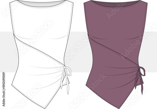 Women's side-tie gathered sleeveless blouse fashion technical drawing, illustration. Chic top vector. CAD, Mockup.