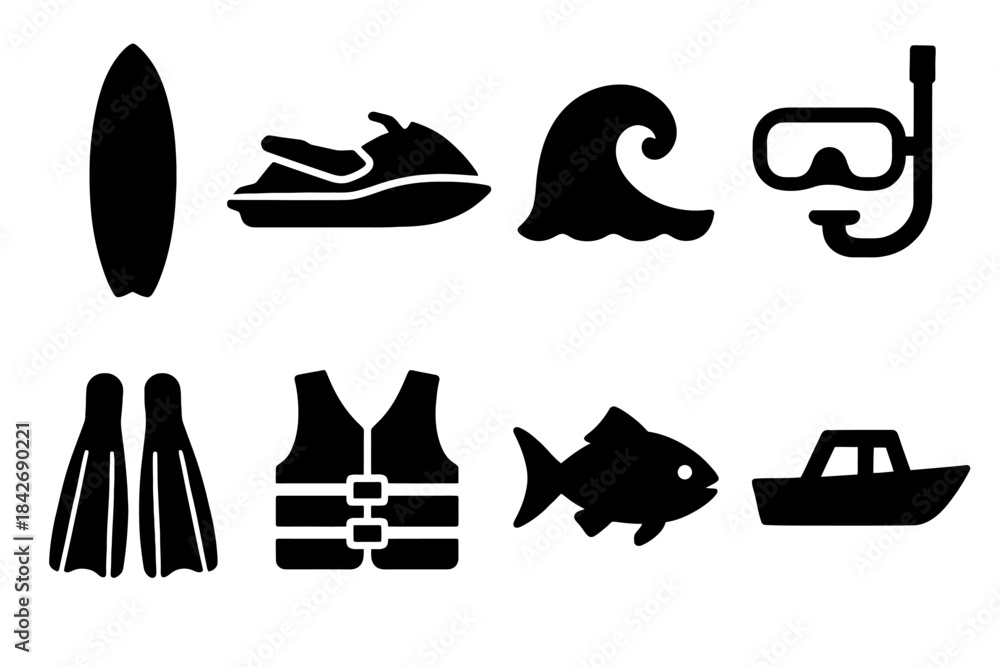 Fototapeta premium Water sports and marine activity icons: surfboard, jetski, snorkel, flippers, lifejacket