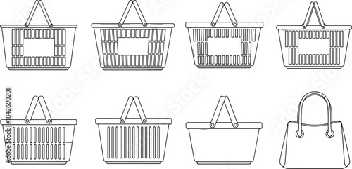 Shopping basket icons, retail basket illustrations, market basket designs, handbag outline graphic, consumer goods symbols, store shopping elements, minimal line art