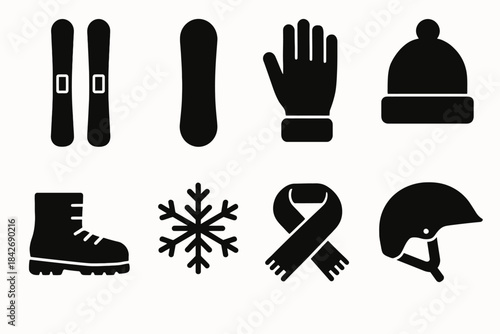 Winter sport gear icons: skiing, snowboarding, and safety essentials