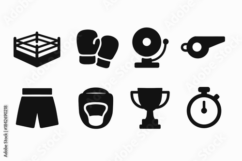 Boxing icons: ring, gloves, bell, whistle, shorts, headgear, trophy, timer symbols