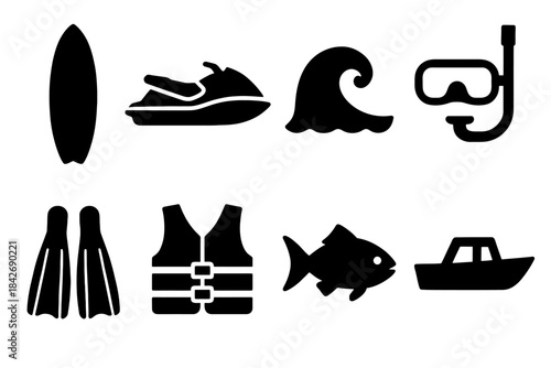 Water sports and marine activity icons: surfboard, jetski, snorkel, flippers, lifejacket