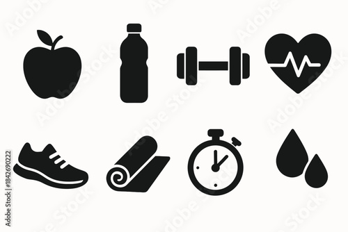 Health and fitness icons: apple, water, dumbbell, heartbeat, shoe, yoga mat, stopwatch, water drops