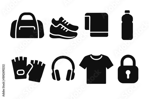 Gym essentials: bag, shoes, towel, bottle, gloves, headphones, shirt, lock icons