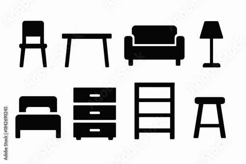 Silhouette icons: diverse furniture collection including chairs, tables, and lighting
